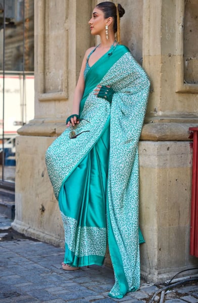 Firozi and White Digital Print Satin Crepe Saree