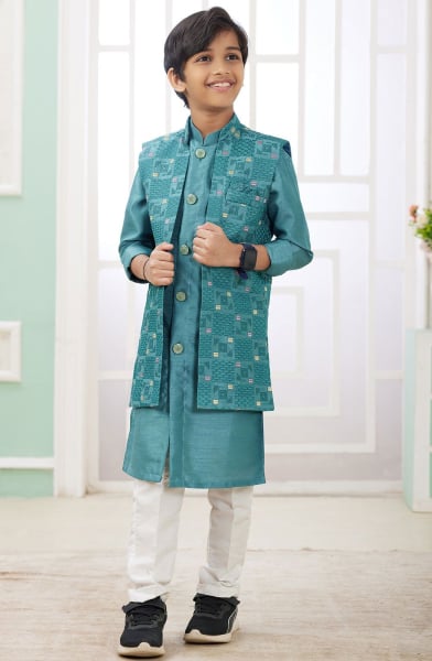 Firozi Art Silk Kids Kurta Set with Jacket