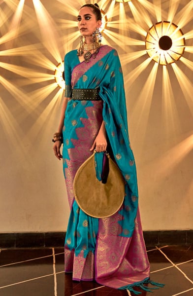 Firozi Blue Handloom Weaving Silk Saree