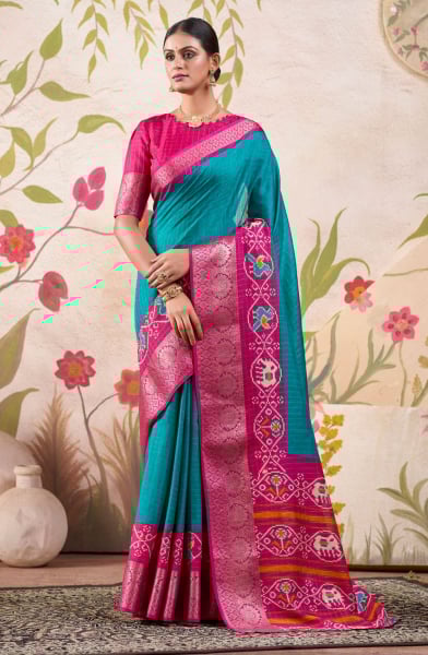 Firozi Blue Patola Printed Saree for Festival