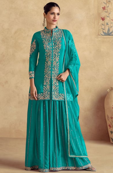 Firozi Chinnon Silk Designer Palazzo Kameez