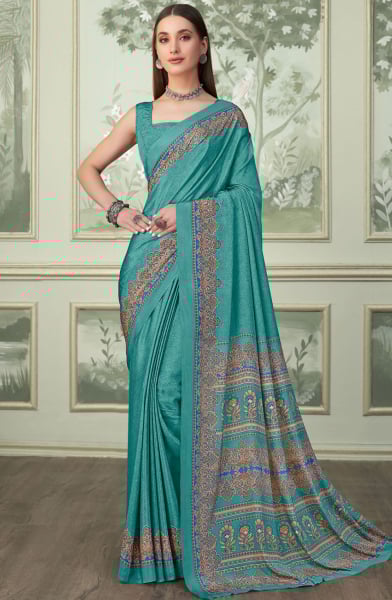 Firozi Digital Print Silk Crepe Saree