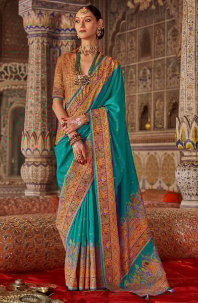Firozi Embellished Viscose Silk Saree