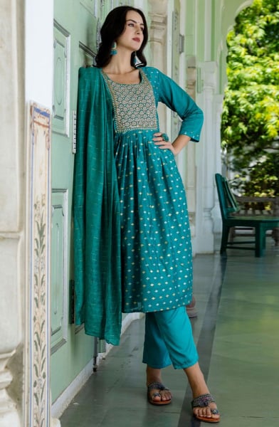 Firozi Embroidered Chanderi Readymade Suit