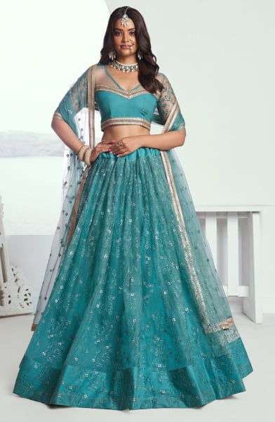 Firozi Embroidered Net Lehenga Choli for Wedding