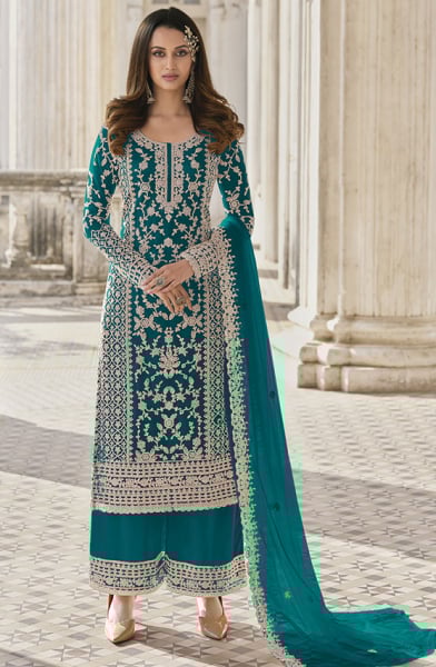 Firozi Embroidered Net Palazzo Kameez