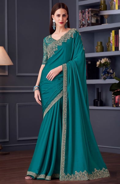 Firozi Embroidered Silk Chiffon Designer Saree