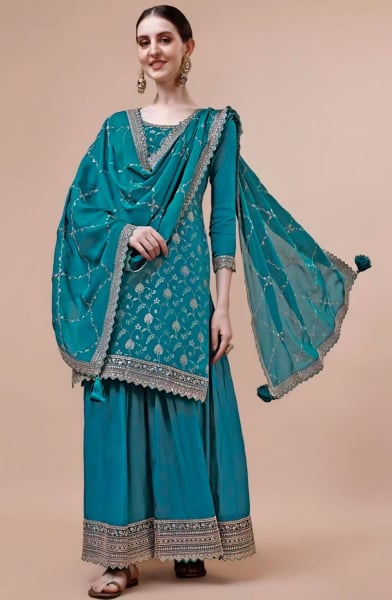 Firozi Embroidered Viscose Chinnon Sarara Kameez