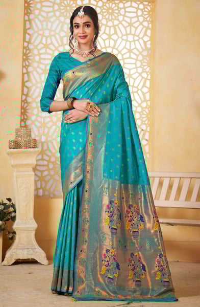 Firozi Jacquard Work Paithani Silk Saree
