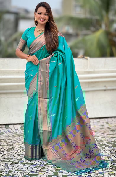 Firozi Meenakari Weaving Soft Silk Saree