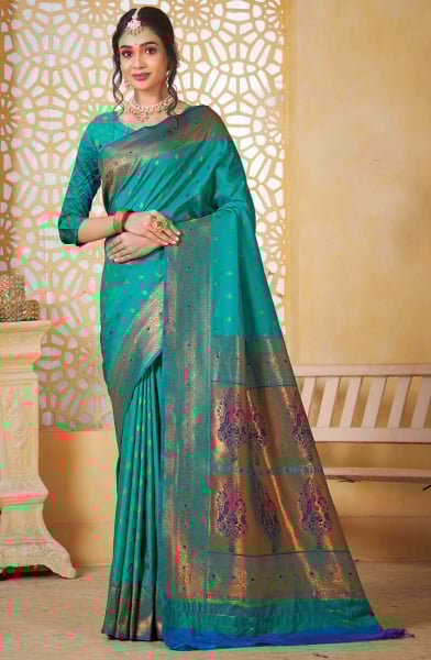 Firozi Paithani Silk Saree with Jacquard Work