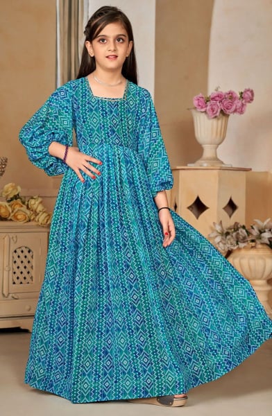 Firozi Printed Georgette Girls Gown
