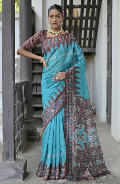 Firozi Soft Tussar Silk Zari Woven Saree