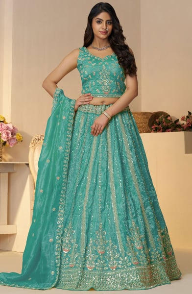 Firozi Tissue Organza Silk Designer Lehenga Choli