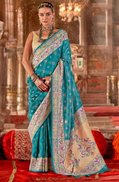Firozi Viscose Silk Saree with Paithani Border