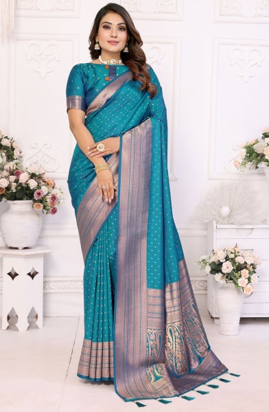 Firozi Zari Weaving Soft Silk Saree