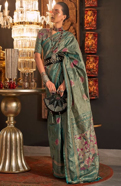 Firozi Zari Woven Handloom Silk Saree
