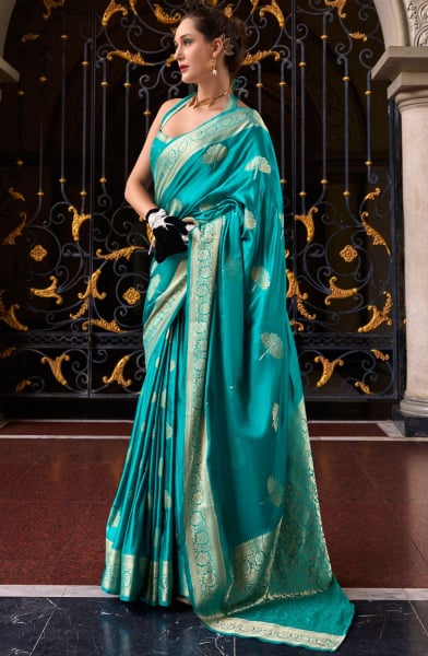 Firozi Zari Woven Munga Silk Saree