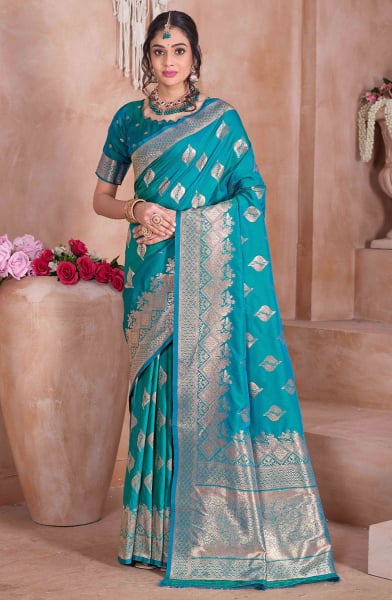 Firozi Zari Woven Soft Silk Saree