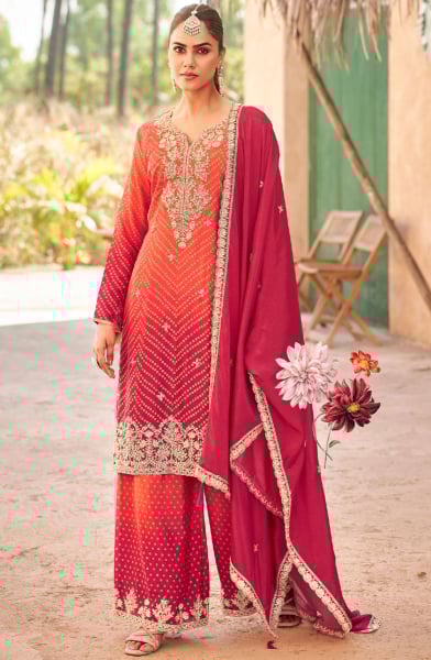 Flame Orange and Fuchsia Embroidered Chinnon Palazzo Kameez