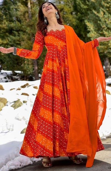 Flame Orange and Hot Red Flared Rayon Gown with Dupatta