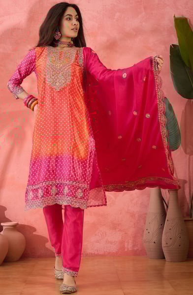 Flame Orange and Rani Pink Embroidered Chinnon Silk Readymade Suit