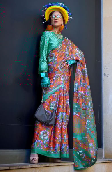 Flame Orange Digital Print Satin Crepe Saree