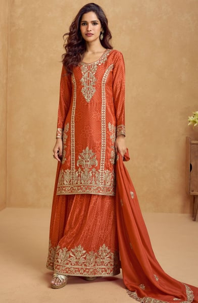 Flame Orange Embroidered Chinnon Silk Palazzo Kameez for Festival