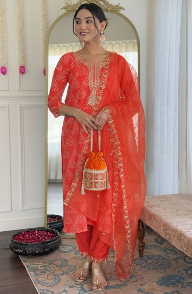 Flame Orange Embroidered French Crepe Pant Kameez