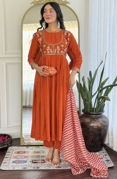 Flame Orange Embroidered Viscose Silk Pant Kameez