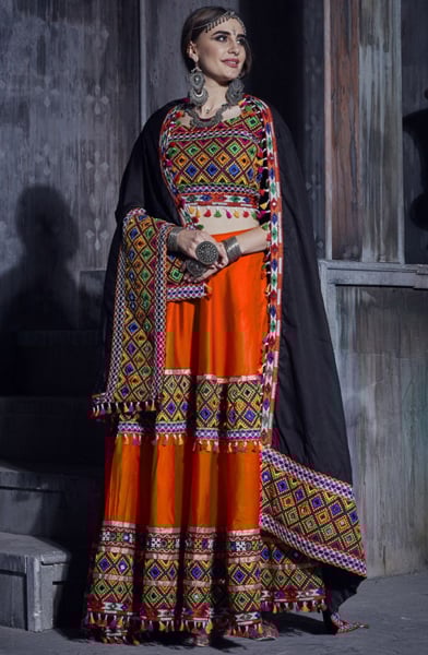Flame Orange Gamthi Work Cotton Chaniya Choli for Festival