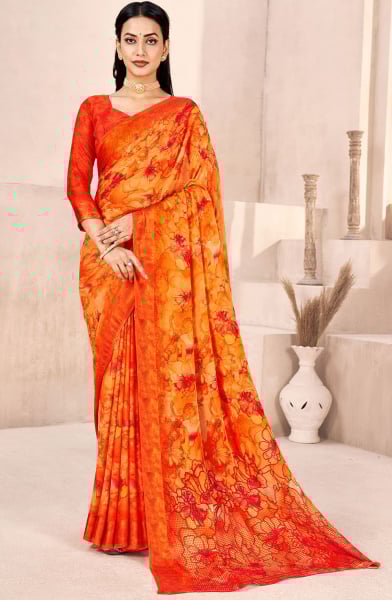 Flame Orange Printed Chiffon Saree with Satin Border