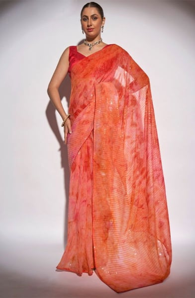Flame Orange Sequined Georgette Saree