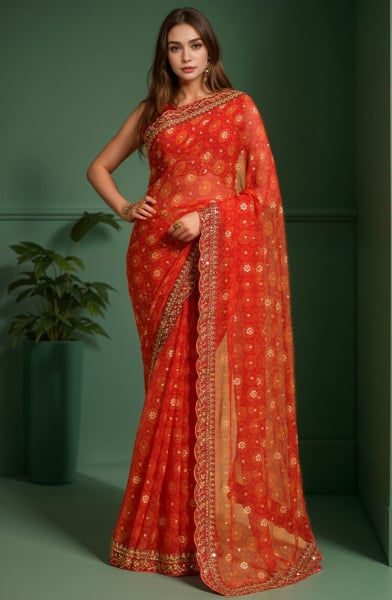 Flame Red Printed Georgette Saree for Party