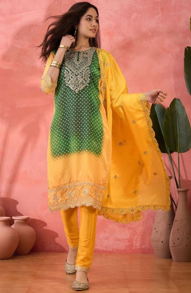 Forest Green and Sunny Yellow Embroidered Chinnon Silk Readymade Suit