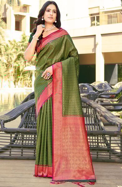 Forest Green Banarasi Silk Woven Saree