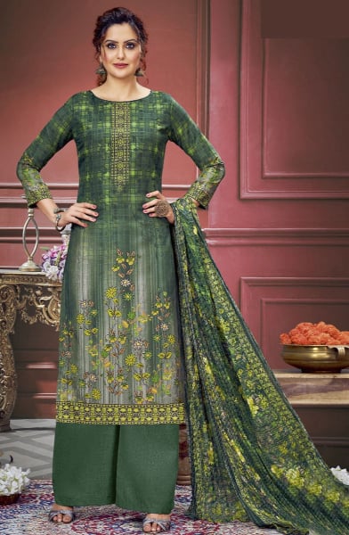 Forest Green Digital Print Pure Muslin Palazzo Kameez