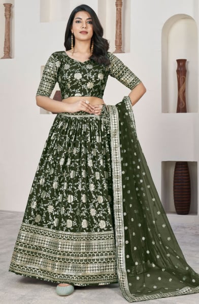 Forest Green Dola Jacquard Lehenga Choli with Net Dupatta