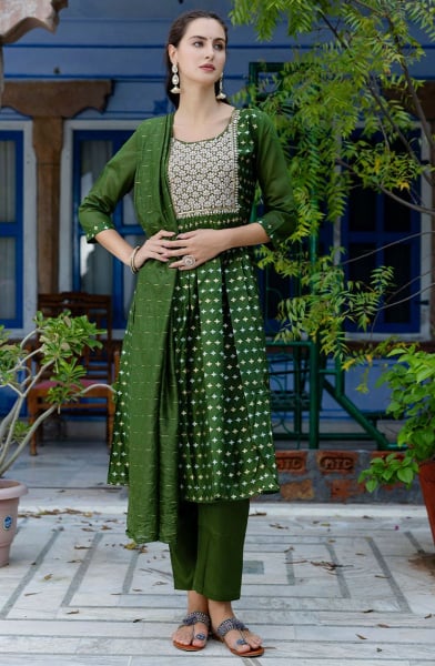 Forest Green Embroidered Chanderi Readymade Suit
