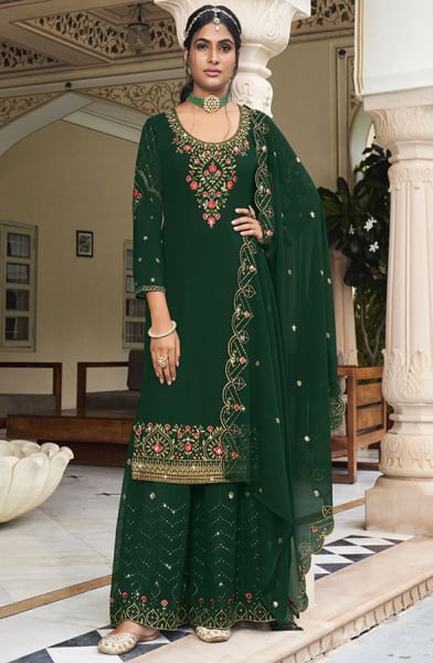 Forest Green Embroidered Georgette Palazzo Kameez