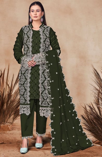 Forest Green Embroidered Georgette Pant Kameez with Jacket