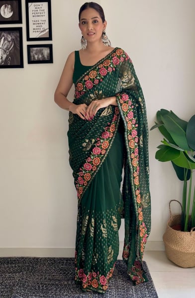 Forest Green Embroidered Georgette Saree