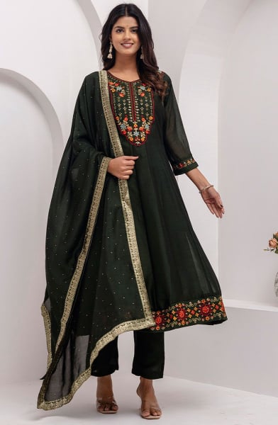 Forest Green Embroidered Silk A-Line Suit