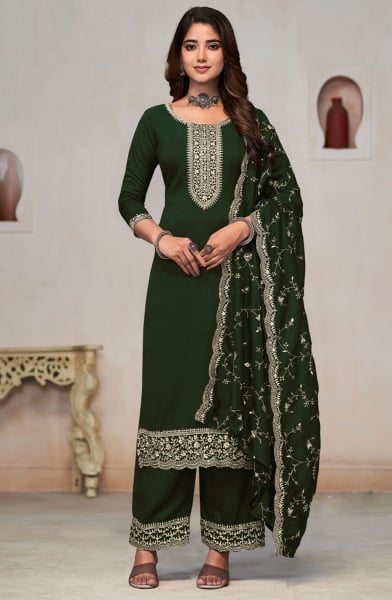 Forest Green Embroidered Silk Trouser Kameez