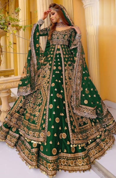 Forest Green Embroidered Velvet Bridal Lehenga Kameez