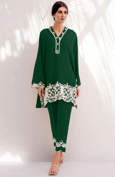 Forest Green Embroidered Viscose Chanderi Co-Ord Set