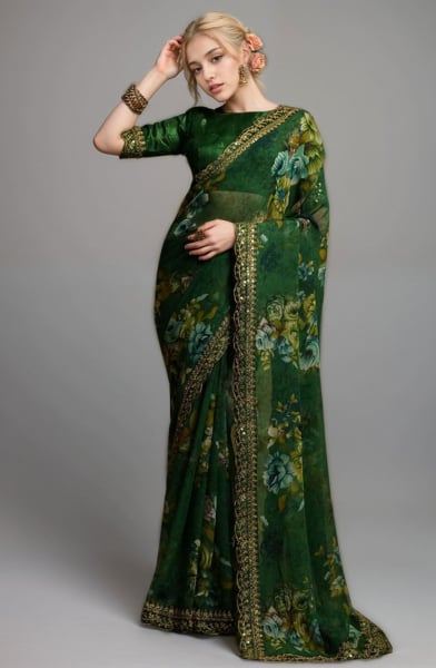 Forest Green Floral Print Georgette Saree