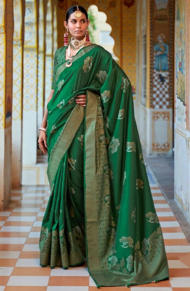 Forest Green Foil Print Silk Saree for Ceremonial