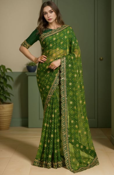 Forest Green Printed Georgette Saree for Party