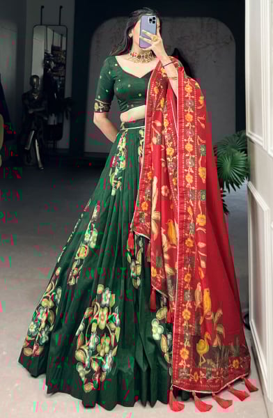 Forest Green Printed Tussar Silk Lehenga Choli